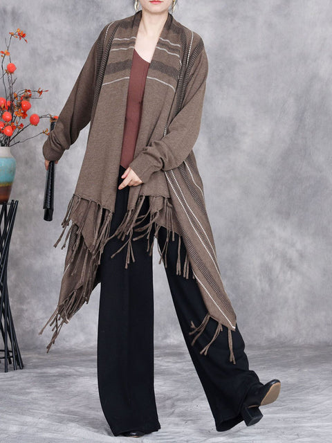 Women Autumn Artsy Stripe Knitted Tassel Cardigan Coat