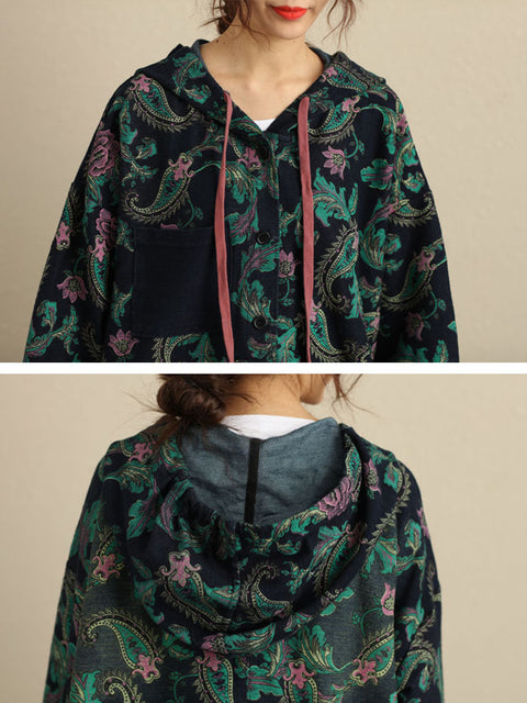 Women Autumn Vintage Flower Hooded Pocket Cotton Coat