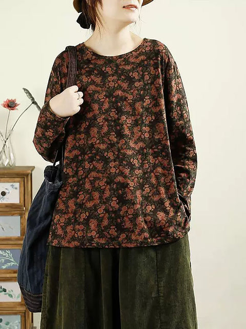 Women Autumn Flower O-Neck Cotton Blouse