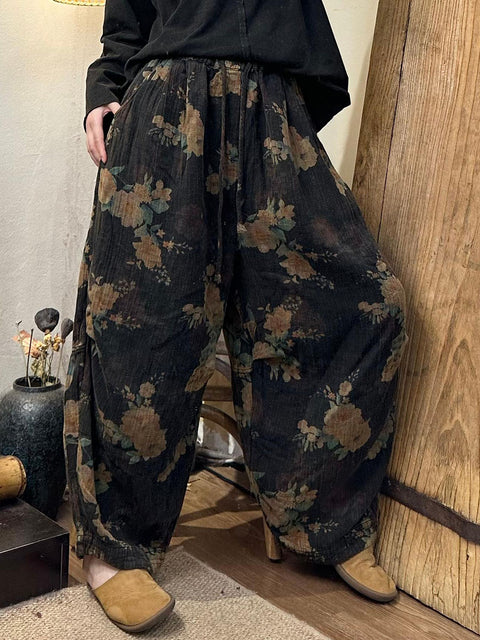 Women Autumn Retro Flower Cotton Harem Pants