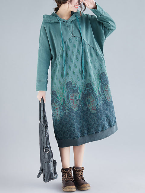 Women Ethnic Autumn Print Hooded Dress