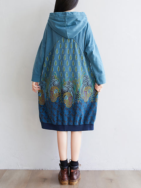 Women Ethnic Autumn Print Hooded Cotton Dress