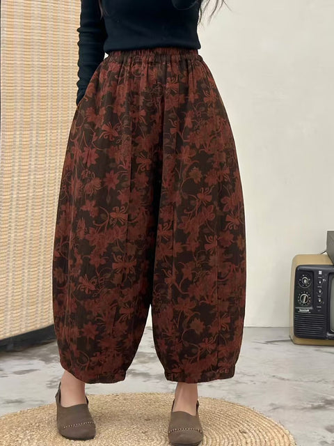 Women Autumn Retro Flower Spliced Loose Harem Pants