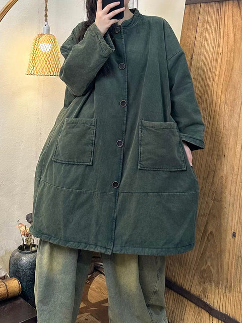 Women Autumn Casual Solid Stand Collar Cotton Padded Coat