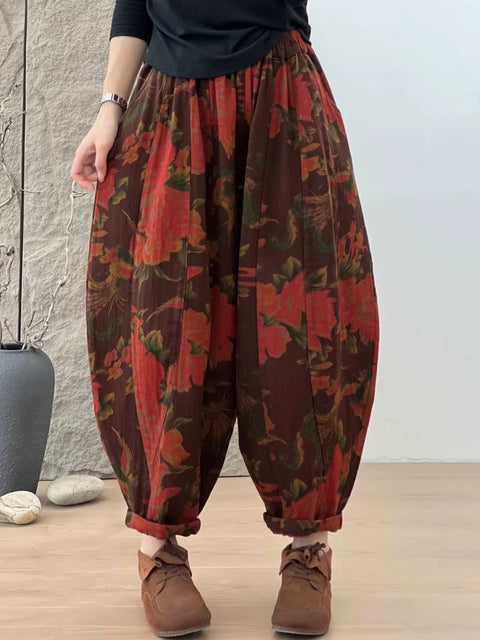 Women Autumn Retro Flower Spliced Loose Harem Pants