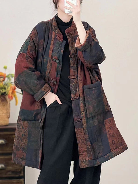 Women Autumn Vintage Stand Collar Patchwork Cotton Coat