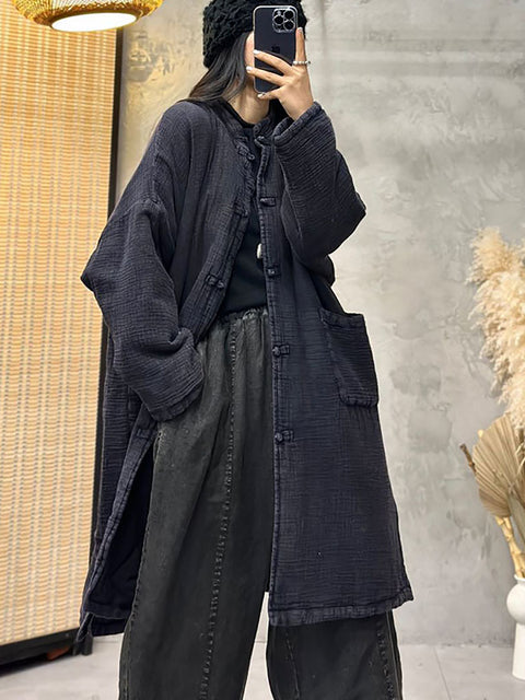 Women Ethnic Autumn Solid  Stand Collar Linen Cotton Coat