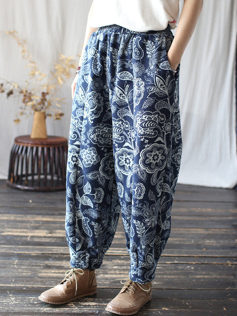 Women Ethnic Autumn Flower Spliced Cotton Harem Pants