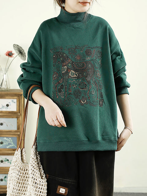 Women Autumn Retro Horse Half-Turtleneck Cotton Sweatshirt