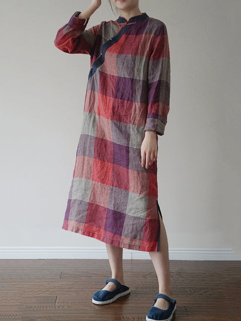 Women Vintage Autumn Plaid Slant Clouse Linen Robe Dress