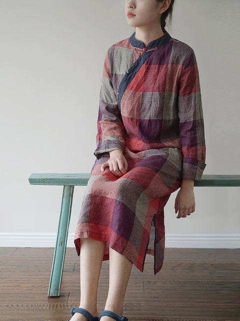 Women Vintage Autumn Plaid Slant Clouse Linen Robe Dress