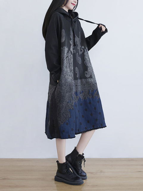 Women Ethnic Autumn Dot Flower Hooded Cotton Dress