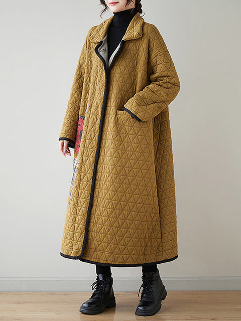 Women Winter Patch Spliced Rhomboid Thick Long Coat