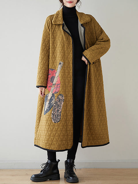 Women Winter Patch Spliced Rhomboid Thick Long Coat