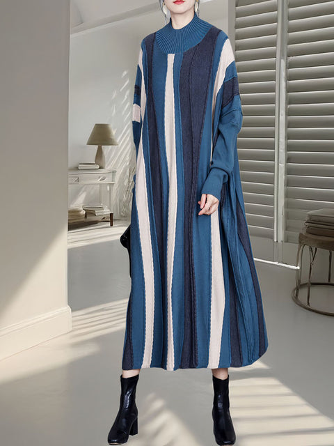 Women Autumn Artsy Colorblock Stripe Knitted Dress