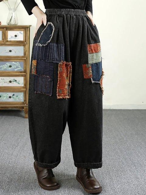 Women Autumn Retro Patch Spliced Denim Harem Pants