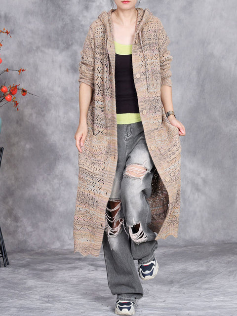 Women Autumn Artsy Color Mix Knit Cardigan Hooded Coat