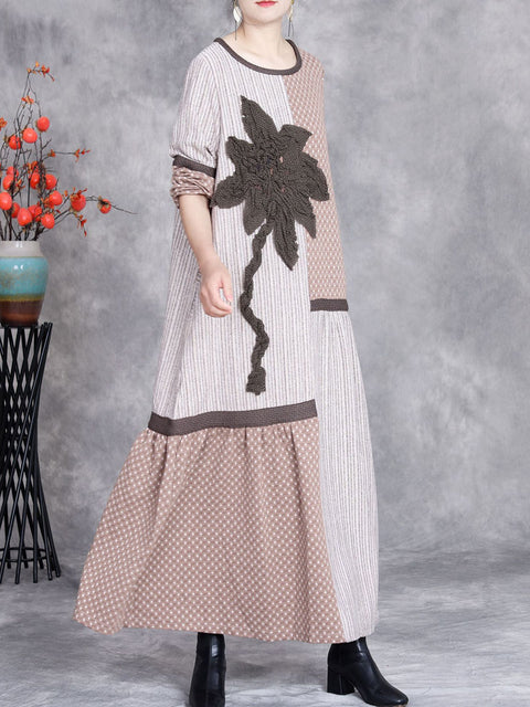 Women Autumn Artsy Dot Stripe Spliced Flower O-Neck Dress