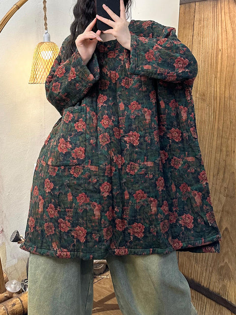 Women Autumn Vintage O-Neck Flower Cotton Coat