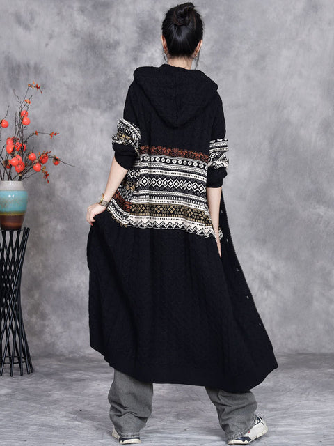 Women Autumn Artsy Knit Cardigan Hooded Sweater Coat