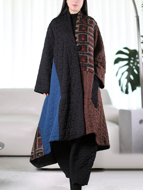 Plus Size Women Autumn Ethnic Colorblock Padded Coat