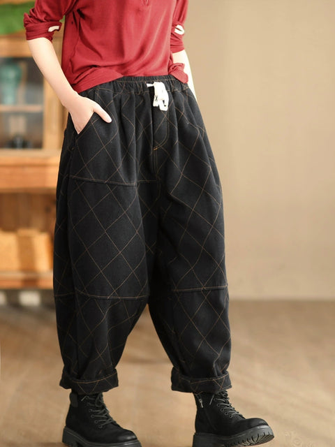 Women Autumn Vintage Solid Rhomboid Cotton Harem Pants