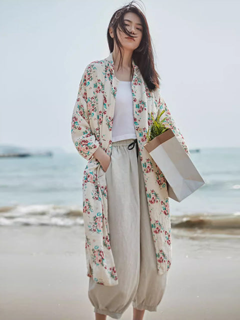 Women Ethnic Autumn Floral Ramie Cotton Long Coat