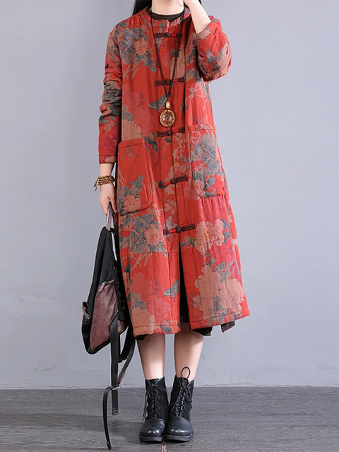 Women Autumn Ethnic Buckle O-Neck Flower 100%Cotton Coat