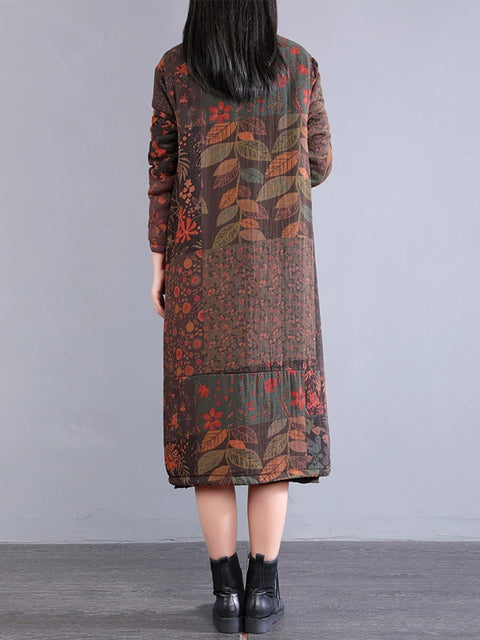 Women Autumn Ethnic Buckle O-Neck Flower 100%Cotton Coat