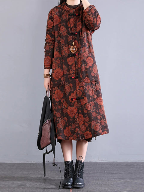 Women Autumn Ethnic Buckle O-Neck Flower 100%Cotton Coat