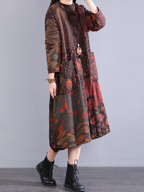 Women Autumn Ethnic Buckle O-Neck Flower 100%Cotton Coat