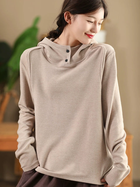 Women Autumn Casual Solid Hooded Loose Sweatshirt