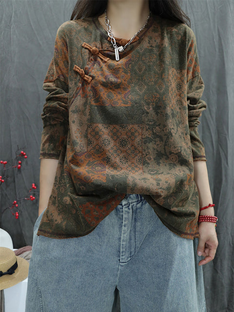 Women Autumn Vintage Flower Spliced O-Neck Sweatshirt