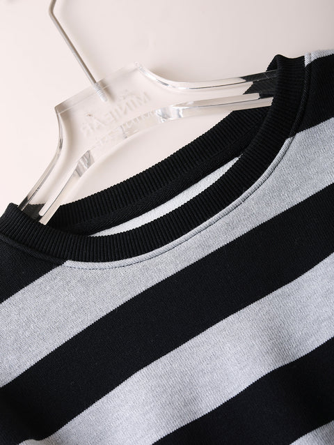 Women Autumn Casual Stripe Thick Cotton O-Neck Sweatshirt