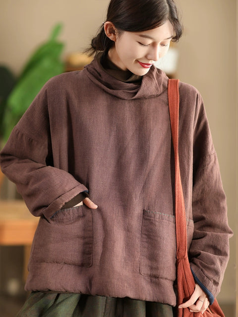 Women Autumn Vintage Turtleneck Solid Linen Padded Coat