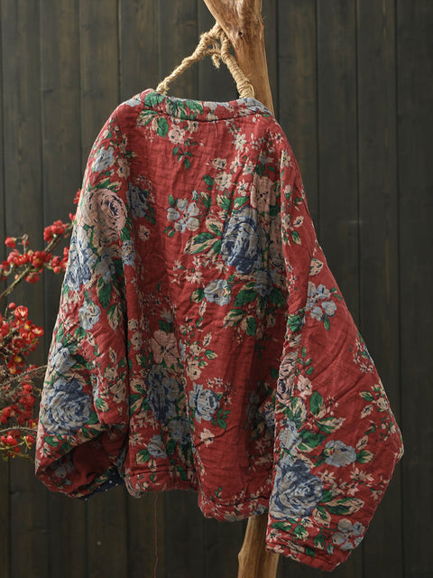 Women Autumn Ethnic Flower Short Cotton Padded Coat