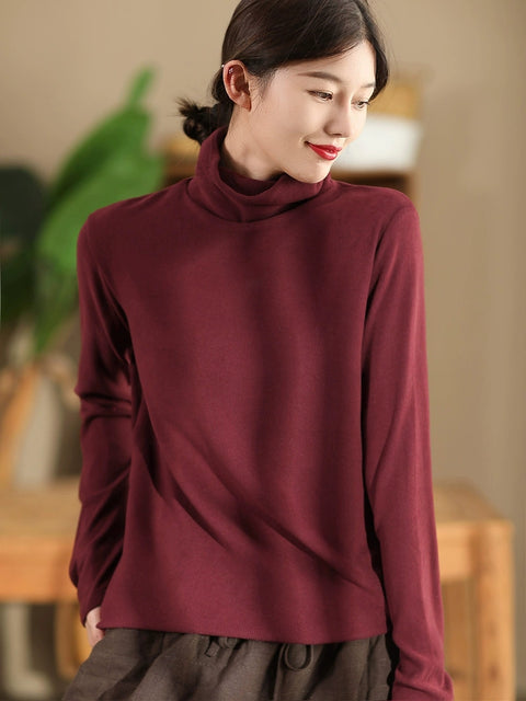 Women Casual Autumn Solid Turtleneck Botton Blouse