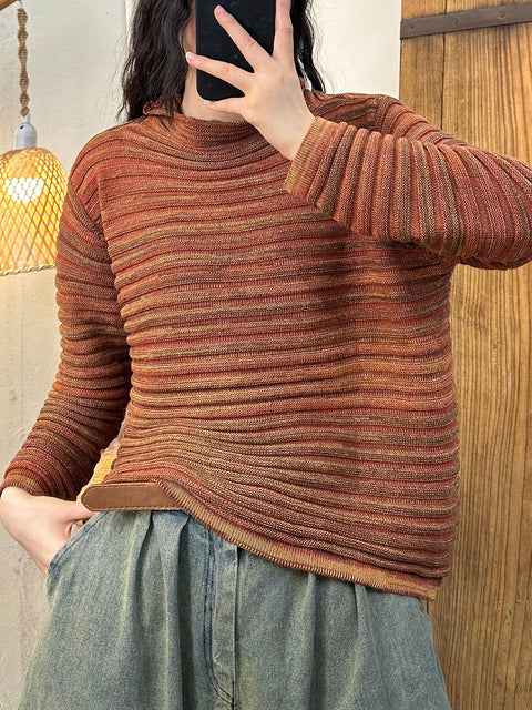 Women Autumn Stacked Collar Colorblock Stripe Sweater