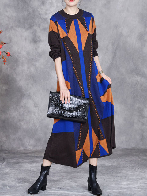 Women Autumn Artsy Colorblock Geometric Knit O-Neck Dress