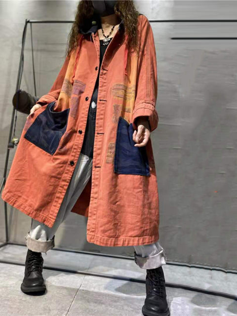 Women Autumn Artsy Colorblock Cotton Hooded Coat