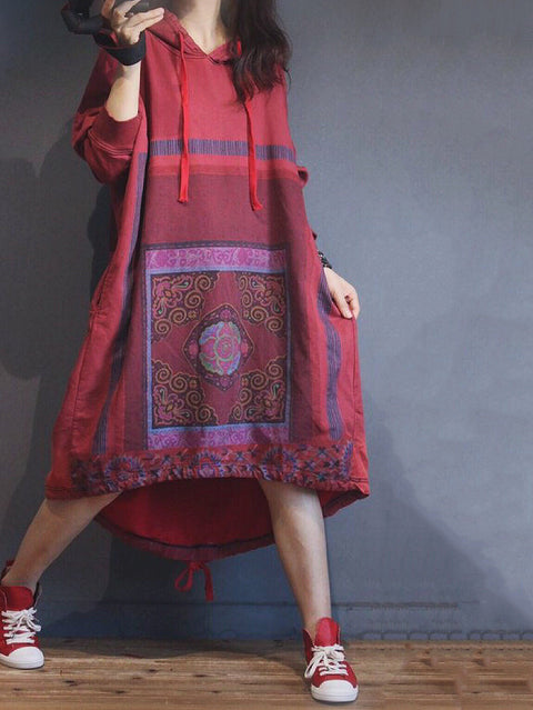 Women Ethnic Autumn Flower Hooded Cotton Dress