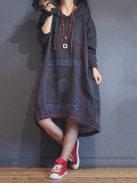 Women Ethnic Autumn Flower Hooded Cotton Dress