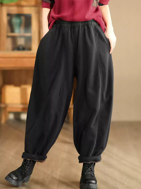 Women Winter Casual Solid Spliced Fleece-lined Harem Pants