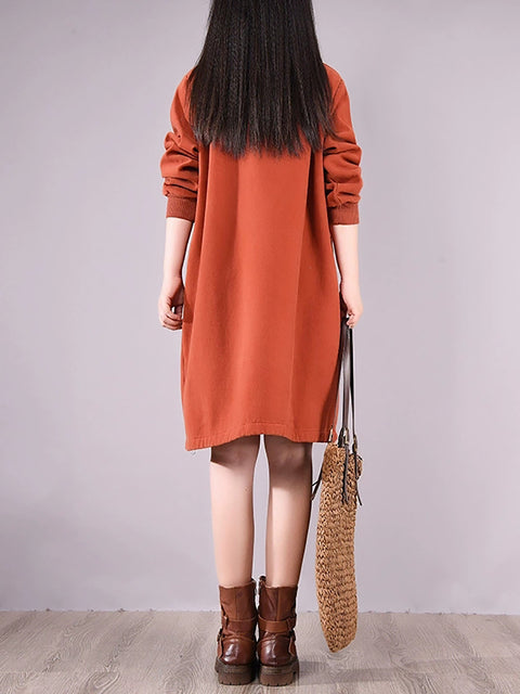 Women Winter Artsy Solid Fleecce-lined Turtleneck Cotton Dress