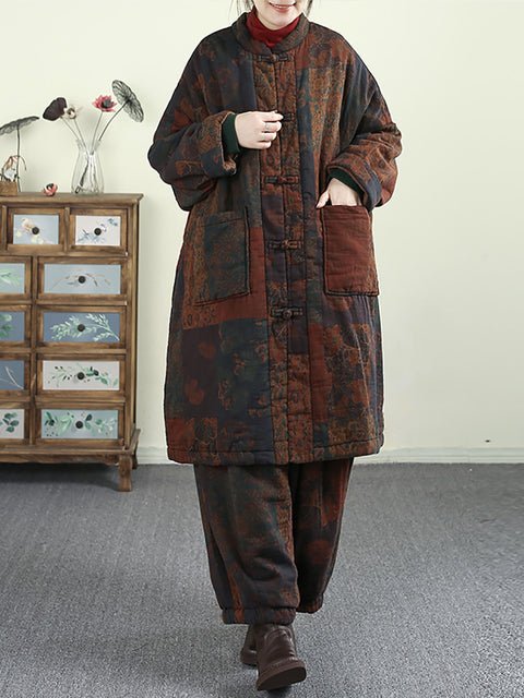 Women Autumn Vintage Stand Collar Patchwork 100%Cotton Coat