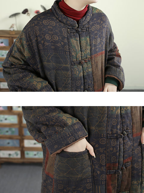 Women Autumn Vintage Stand Collar Patchwork 100%Cotton Coat