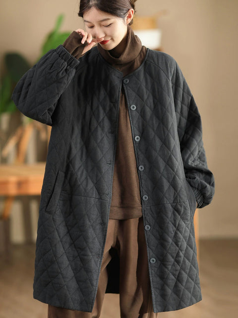 Women Autumn Casual Solid Rhomboid Linen Padded Coat