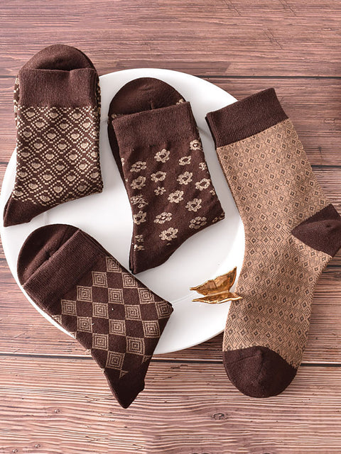 5 Pairs Women Coffee Geometric Flower Socks