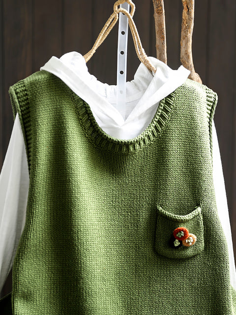 Women Vintage Flower Pocket O-Neck Knit Vest