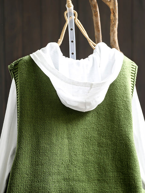 Women Vintage Flower Pocket O-Neck Knit Vest